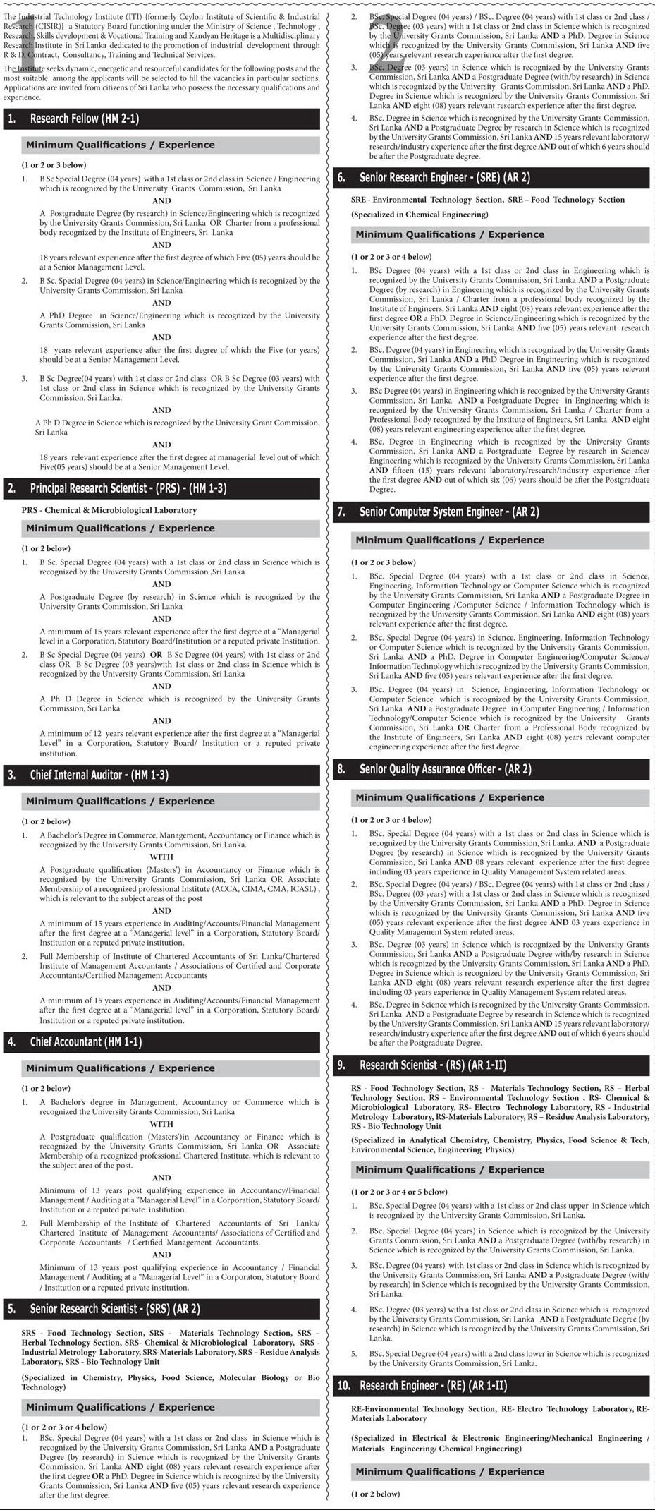 Management Assistant, Research Fellow, Research Scientist, Internal Auditor, Accountant, Engineer, Quality Assurance Officer, Liaison Officer, Marketing Officer, Computer System Administrator, Stores Officer & more Vacancies - Industrial Technology Institute